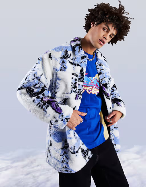 ASOS DESIGN oversized shacket in white sherpa with apres ski print detail | ASOS (Global)