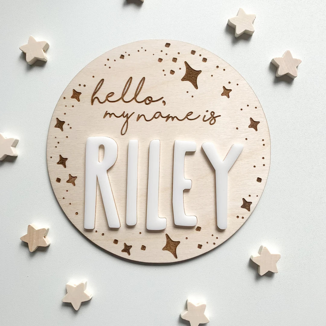 Starburst Birth Name Announcement Sign, Engraved Baby Name Plaque, Hello My Name Is Newborn,  Acr... | Etsy (US)