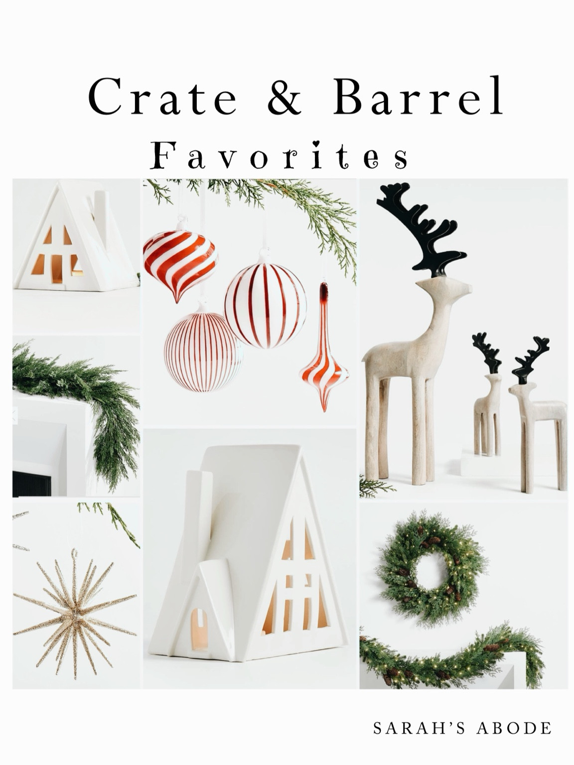 My Crate & Barrel Christmas favorites! Love the A-frame cabin ornaments! 

Deer decor. Faux greenery. Faux evergreen. Starburst. Red and white ornaments 

#LTKHome #LTKHoliday #LTKSeasonal