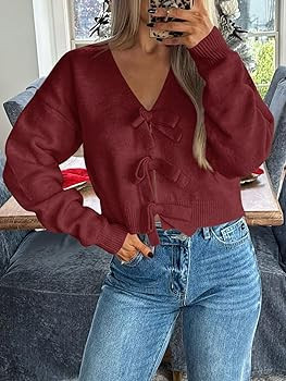 Saodimallsu Womens Bow Sweater Cropped V Neck Long Sleeve Fall Cozy Knit Loose Trendy Pullover Sw... | Amazon (US)