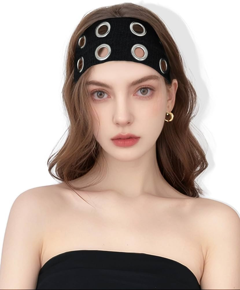 Grommet Headband for Women, Wide Black 20cm Hollow Out Elastic Hair Band, Eyelets Punk Grunge Sty... | Amazon (US)
