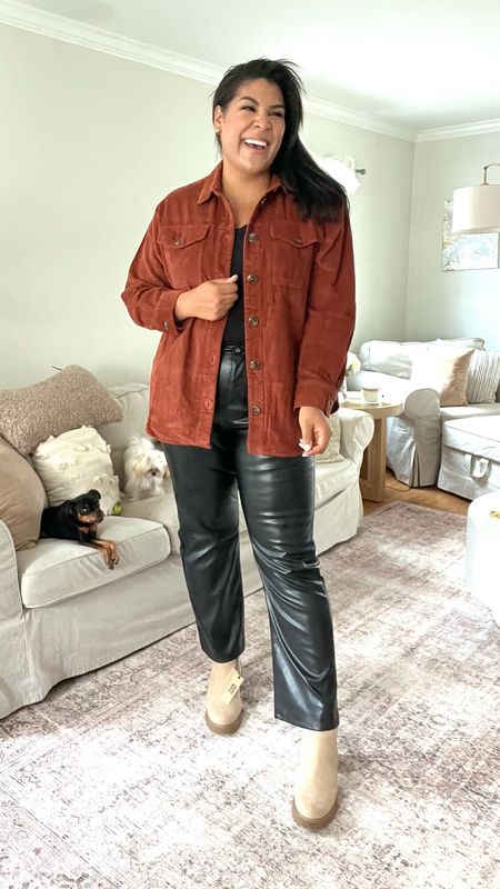 Walmart fall outfit of the day! shacket is $35 wearing XL, faux leather pants are $20 wearing 17, & Chelsea boots $40 run large, size down

// midsize, mid size, fall haul, fall fashion, affordable style, sweater, shacket, faux leather pants, Chelsea boots, no boundaries, time and tru, corduroy 

#LTKunder50 #LTKstyletip #LTKSeasonal