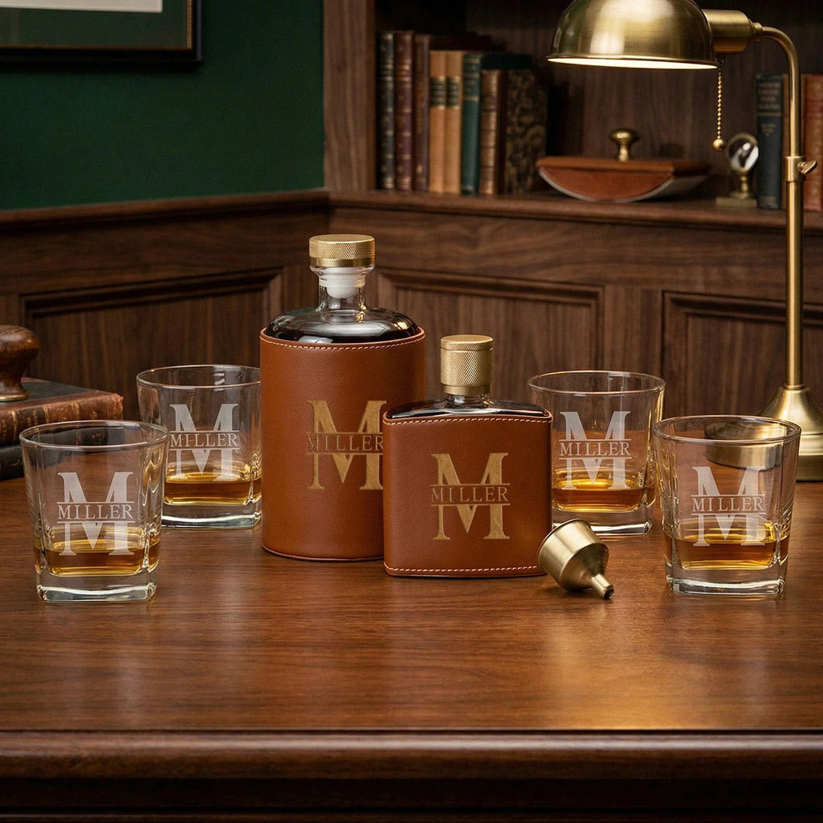 Crawford Leather Whiskey Decanter & Flask - Rutherford Glasses | HomeWetBar.com