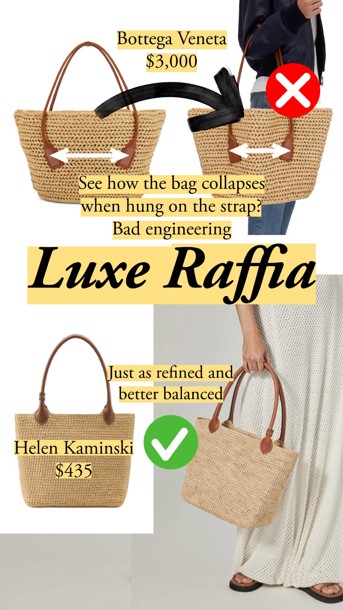Bottega's raffia tote collapses when hung on its own strap (!) That's a structural flaw at $3,000, before we even get to the raffia degrading just like far less costly options. Helen Kaminski features luxury standards for the tight weave and refined leather trim. The tote holds its shape, and it's much more affordable. My top raffia picks that pass the engineering test → raffia tote, straw bag, summer bag, woven bag, Helen Kaminski, Bottega Veneta, beach tote, raffia bag, luxury bag, summer tote

#LTKootd