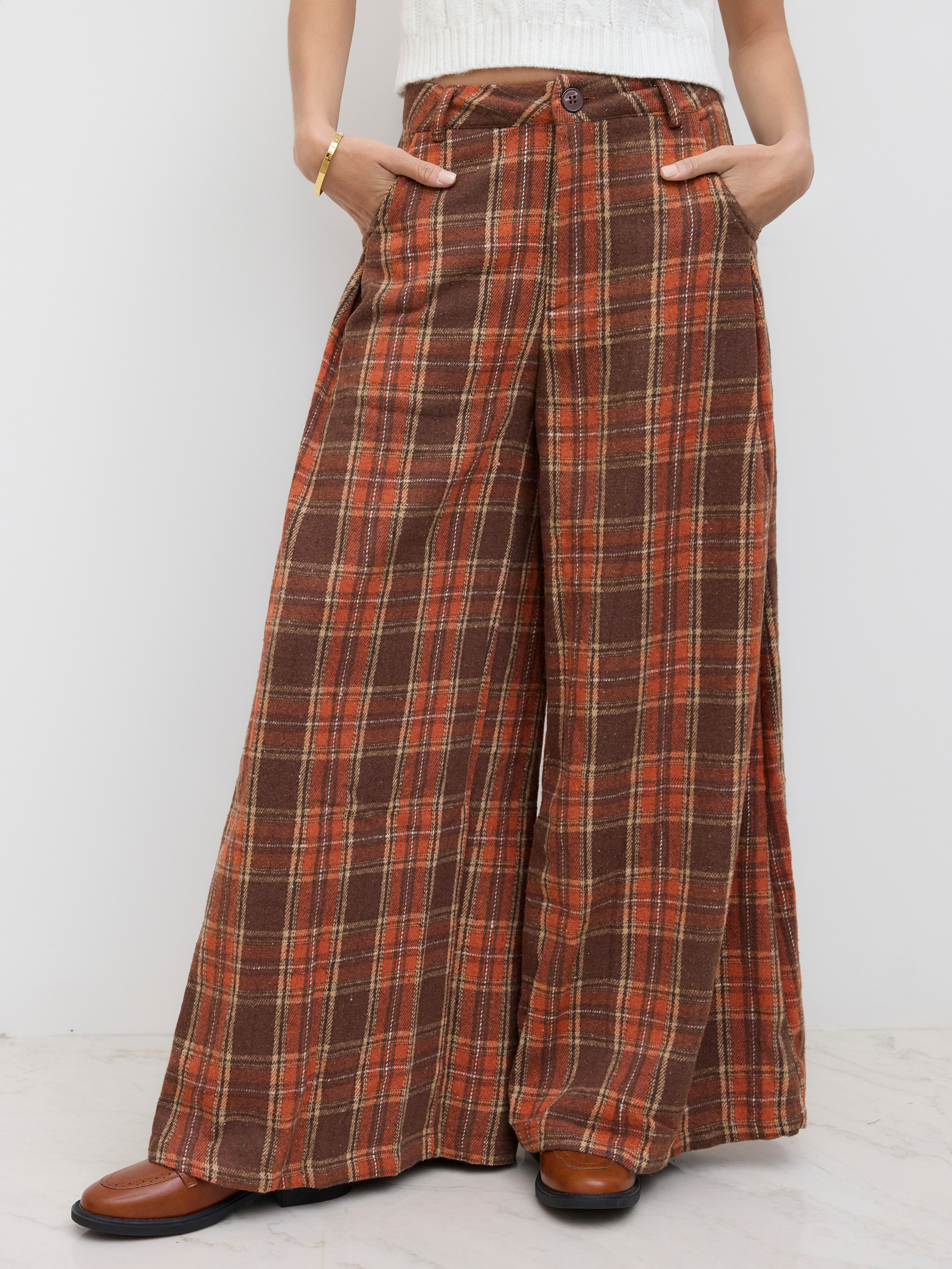 Countryside Core Flannel Flannel Check Button Wide Leg Trousers For School Daily Casual | Cider