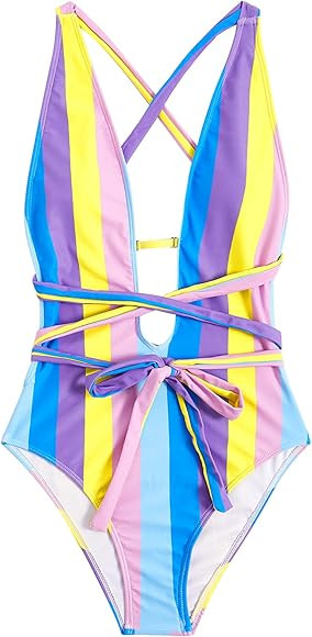 SweatyRocks Women's Sexy Basic Criss Cross Tie Knot Front Deep V Open Back One Piece Swimwear | Amazon (US)