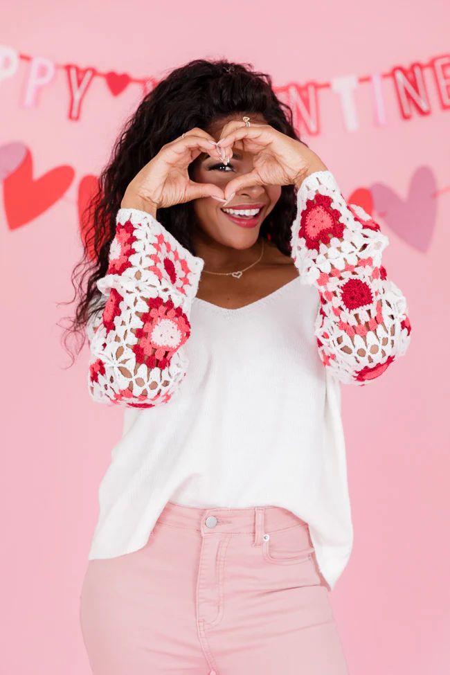Hello Lover Pink And Ivory Crochet Heart Sleeve Sweater | Pink Lily