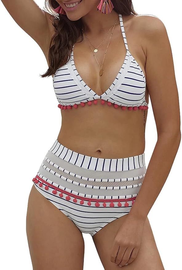 Dokotoo Womens High Waist Two Pieces Bikini Set Striped Tassel Swimsuit | Amazon (US)