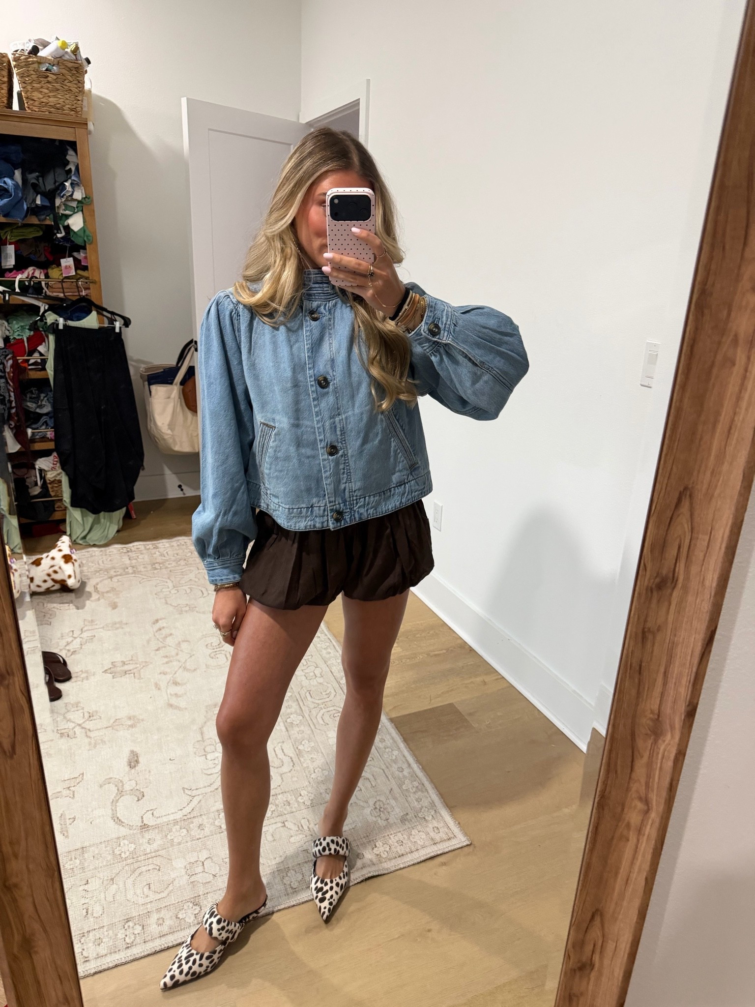 Going to grab dinner with Joeys coworker I’m wearing my @levi  size small denim jacket how unique is the cut of this I’m obsessed. It gives Chloe! My shorts @jcrew  brown bubble hem shorts paired with my cow print mule sandals. @electricpicks  earrings.

#LTKootd #LTKdayinmylife #LTKSeasonal