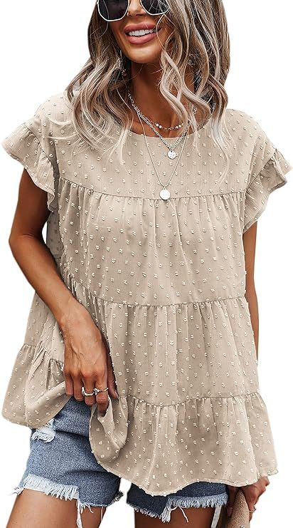 Angashion Women's Tops Casual Swiss Dot Cap Sleeve Ruffle Loose Babydoll Shirt Blouse Tunic Top | Amazon (US)