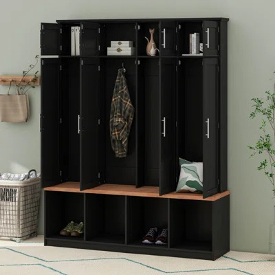Hall Tree With Bench And Shoe Storage Compartments, Particle Board Multi-Functional Entryway Cabinet With 4 Hanging Hooks | Wayfair North America