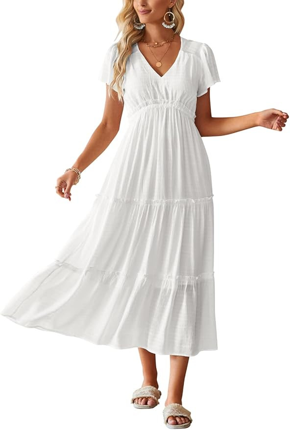 Arach&Cloz Womens 2024 Spring Summer Maxi Dress Boho Flutter Short Sleeve Tiered V Neck Ruffle Va... | Amazon (US)