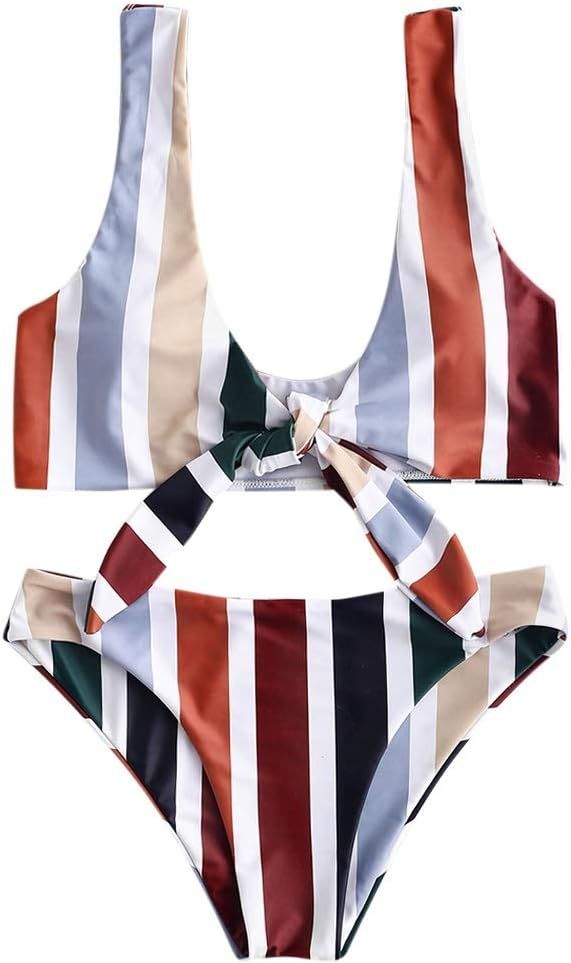 ZAFUL Women's Spaghetti Strap Tie Knot Front Stripe Print Stripe Swimsuit Natural Waist Solid Two... | Amazon (US)