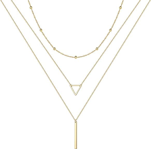 Gold Layered Necklaces for Women - 14K Gold Plated Handmade Multilayer Bar Pearls Coin Disc Moon ... | Amazon (US)