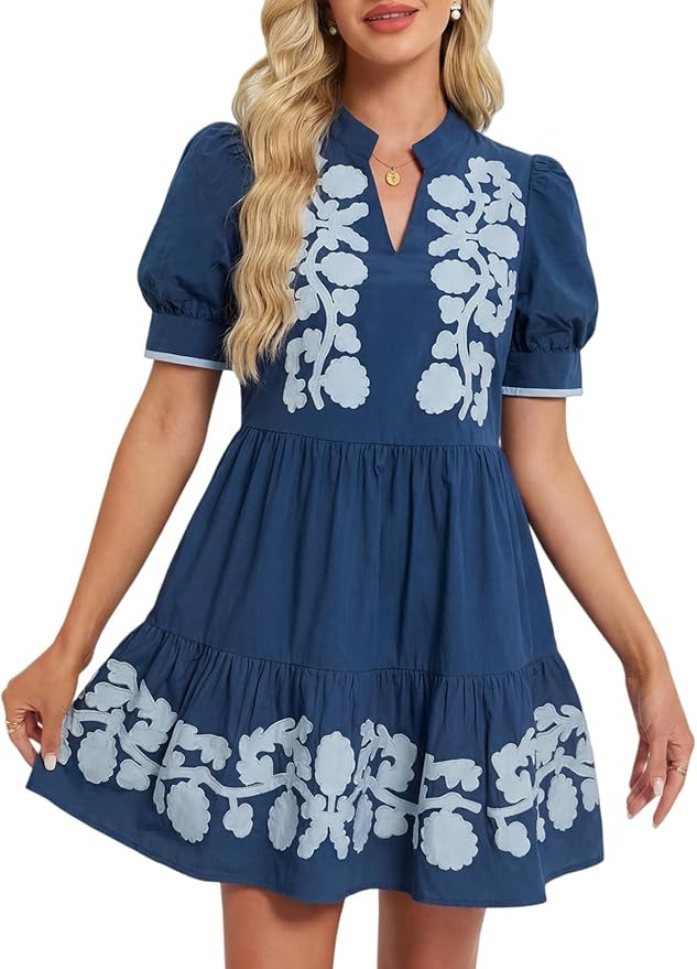 EZAPINE Women Embroidered Dress Summer Puff Short Sleeve Mini Dress V Neck Babydoll Short Dresses | Amazon (US)