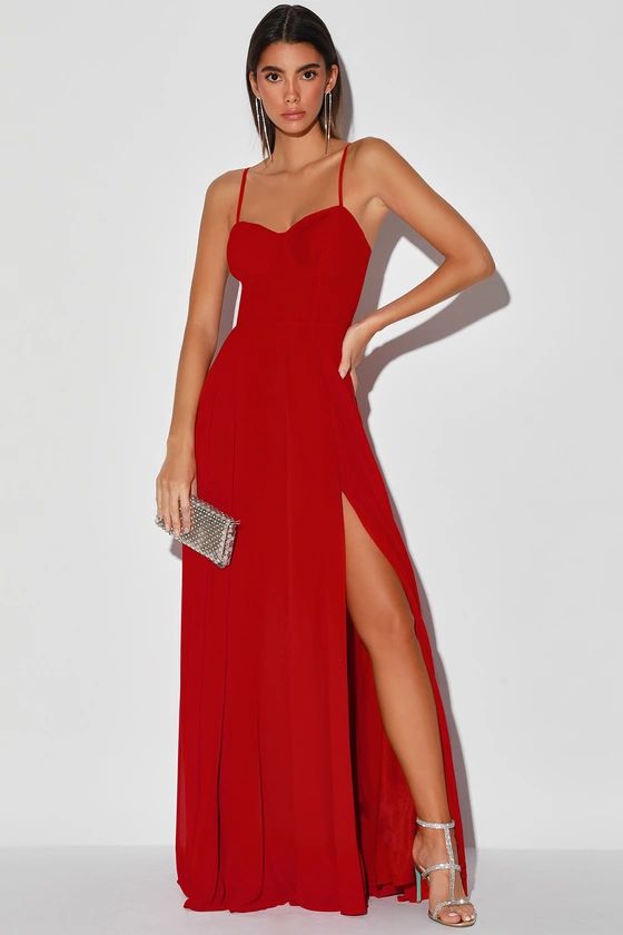 Cause for Commotion Red Pleated Bustier Maxi Dress | Lulus (US)