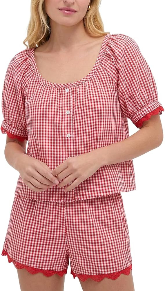 Womens Gingham Set Plaid 2 Piece Sets Summer Matching Set Cotton Puff Sleeve Top Shorts Pajama Se... | Amazon (US)