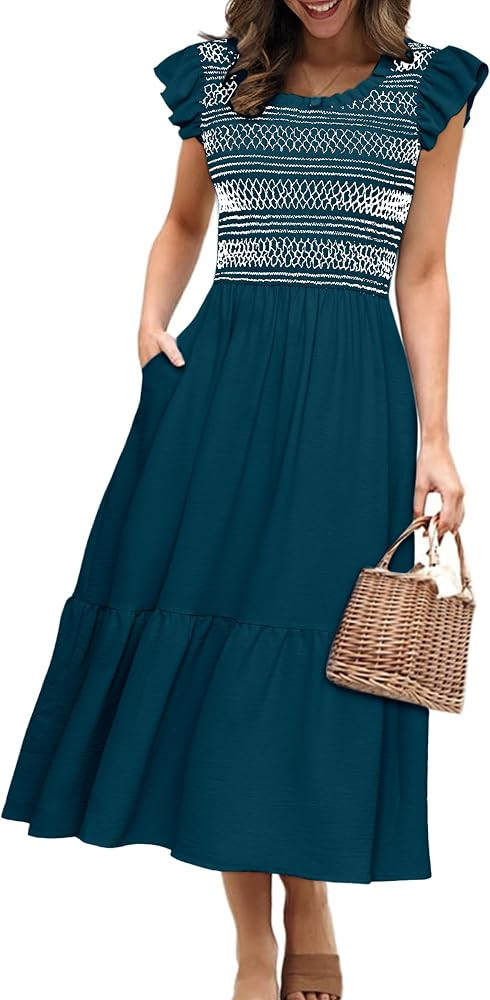 Simplee Womens Summer Midi Dress Casual Boho Smocked Waist Flutter Sleeve A Line Flowy Tiered Dre... | Amazon (US)