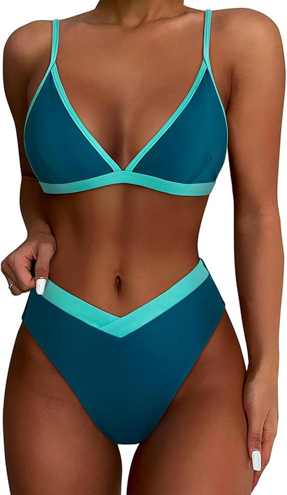 SUUKSESS Women Triangle High Cut Bikini Sets Sexy High Waisted 2 Piece Swimsuit | Amazon (US)