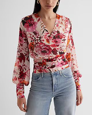 Floral V-Neck Long Sleeve Faux Wrap Pleated Waist Top | Express
