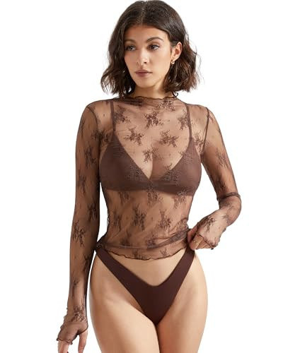 SUUKSESS Women Sexy Mesh Sheer Long Sleeve Tops Mock Neck Lace Shirt Going Out See Through Blouses (Chocolate,L) | Amazon (US)