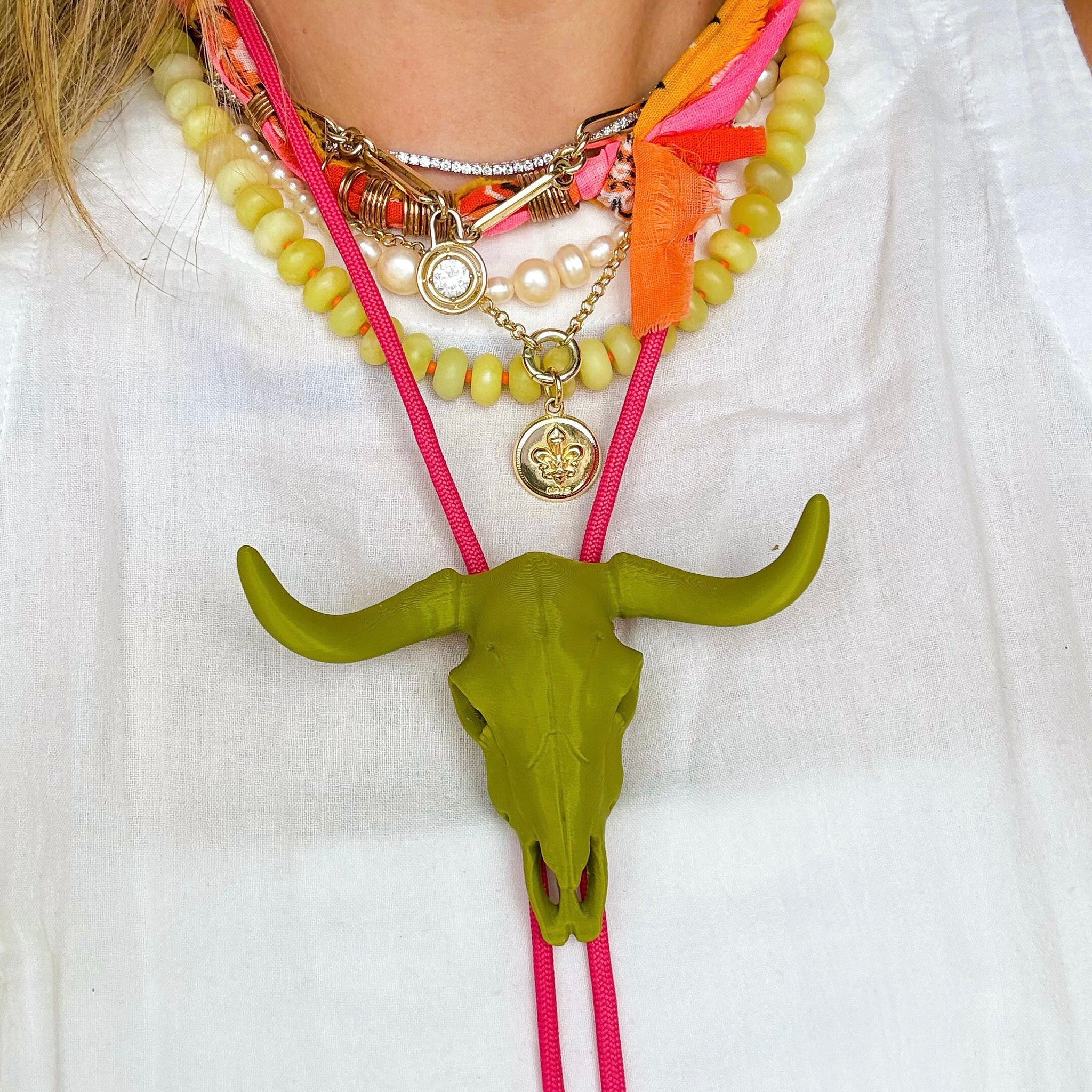 Longhorn Bolo Olive Green with Fuchsia & Peach | Rahya Jewelry Design