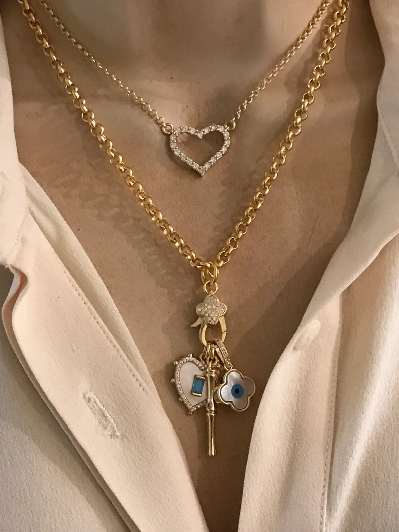 Clover Evil eye and heart mix charms necklace/ Open heart necklace | Etsy (US)