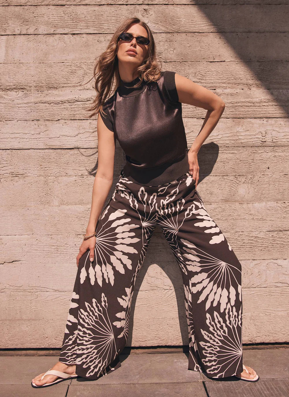 Brown Palm Print Wide Trousers | Mint Velvet