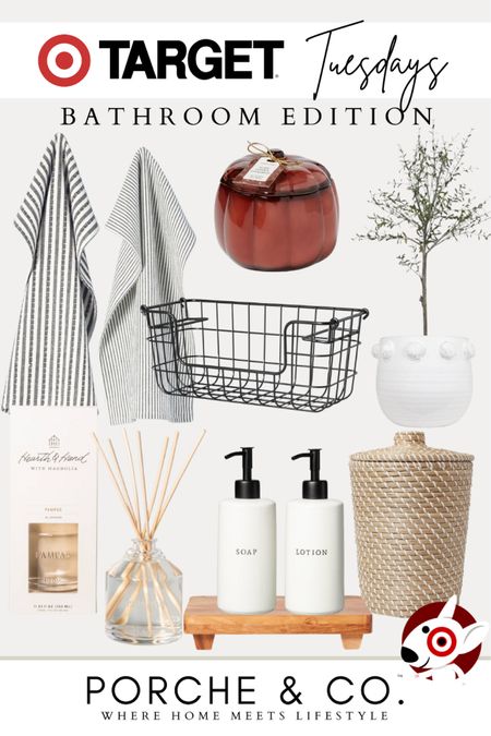 Target Tuesday Bathroom edition home decor finds- bathroom powder bath hand towels, trashcan, woven wastebasket, soap dispensers, wood pedestal stand, reed diffuser, faux topiary and pumpkin candle 🤍 #target #targettuesday #home 
