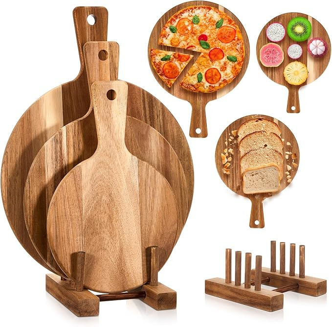 Hushee 3 Pcs Pizza Cutting Board Acacia Wood Cutting Board with Handle Round Chopping Board and D... | Amazon (US)
