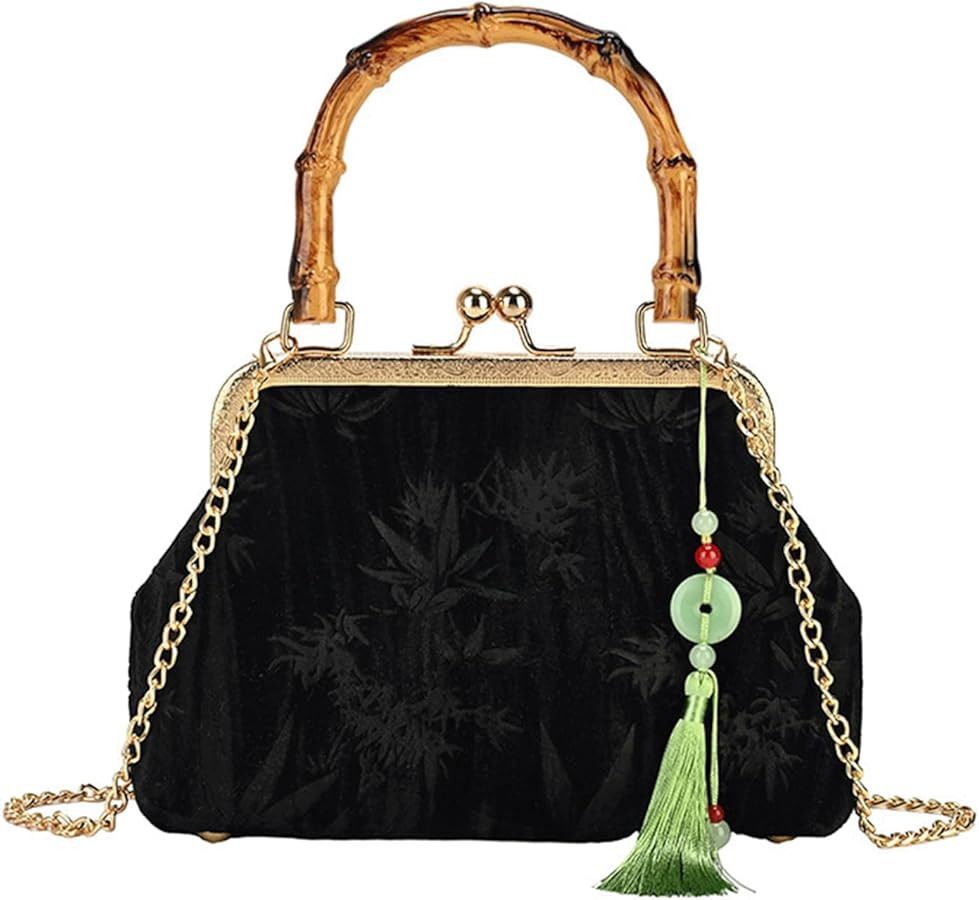 Velvet Purse Kisslock Clutch Retro Bamboo Handle Crossbody Shoulder Bag Charm Vintage Kiss Lock E... | Amazon (US)