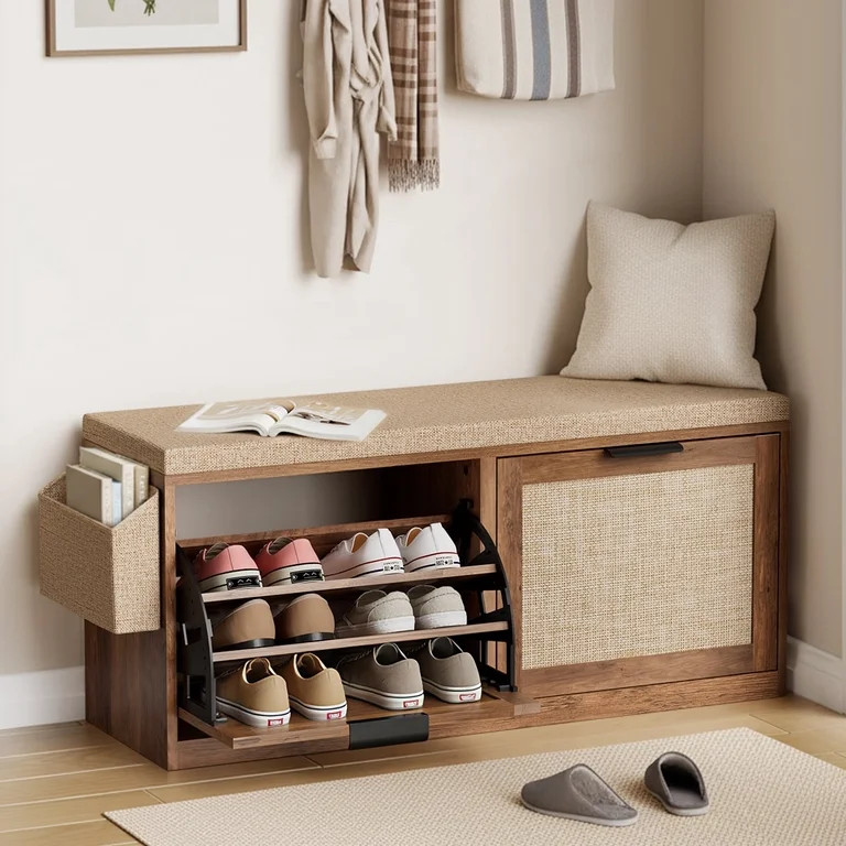 HOMMPA Shoe Storage Bench with Flip-Up Shoe Cabinet Entryway Bench with Side Organizer & Padded S... | Walmart (US)