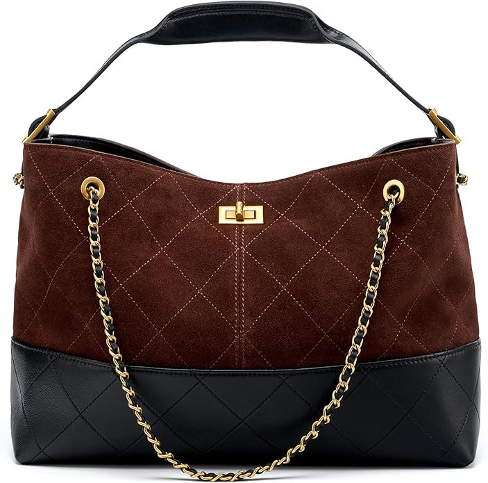 Soft Genuine Leather Lambskin Suede Quilted Bag,Carryall Top Handle Gold Chain Shoulder Shopping ... | Amazon (US)