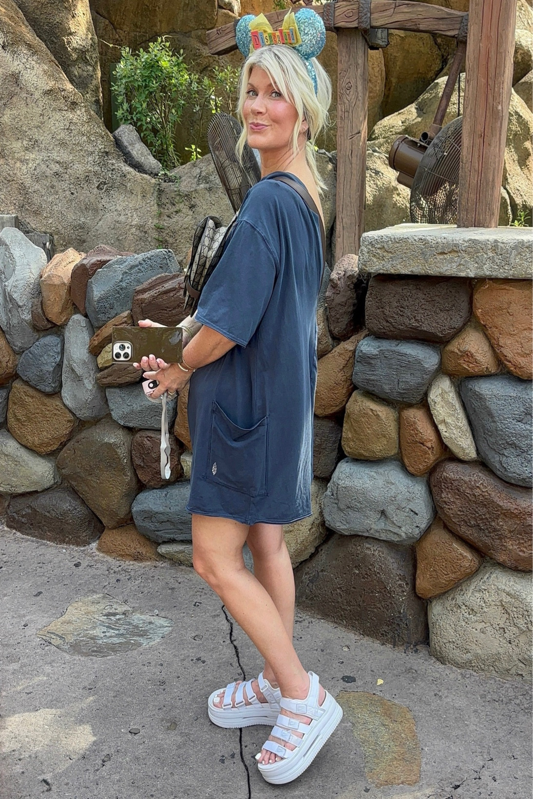 Disney Fit. 

Walked 20,000 steps in these 5 year old Nike sandals and they are beyond comfortable! 

Romper is from FP Movement in the Blue Indigo color. 

(Also wearing my Disneyland ears in WDW cuz OG Disney will always be my fav ❤️🖤🐭 ) 

#LTKSummerEdit #LTKOver40 #LTKTravel