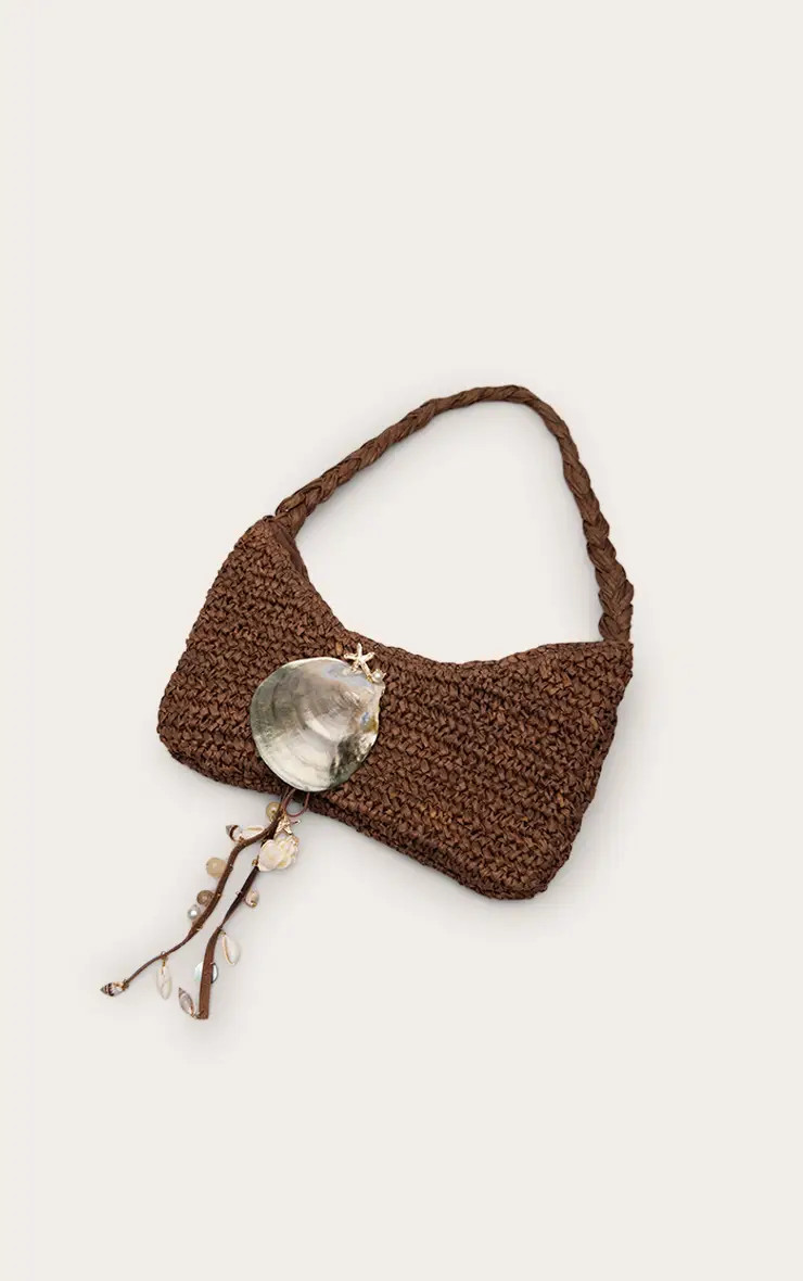 Chocolate Raffia Shell Trim Shoulder Bag | PrettyLittleThing UK