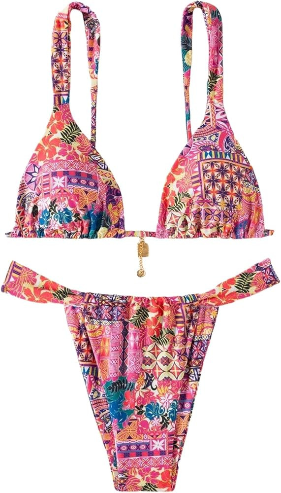 ZAFUL Bikini Sets for Women Triangle Bow Decor Ruffle Straps Lace up Swimsuit 2 Pieces High Cut B... | Amazon (US)