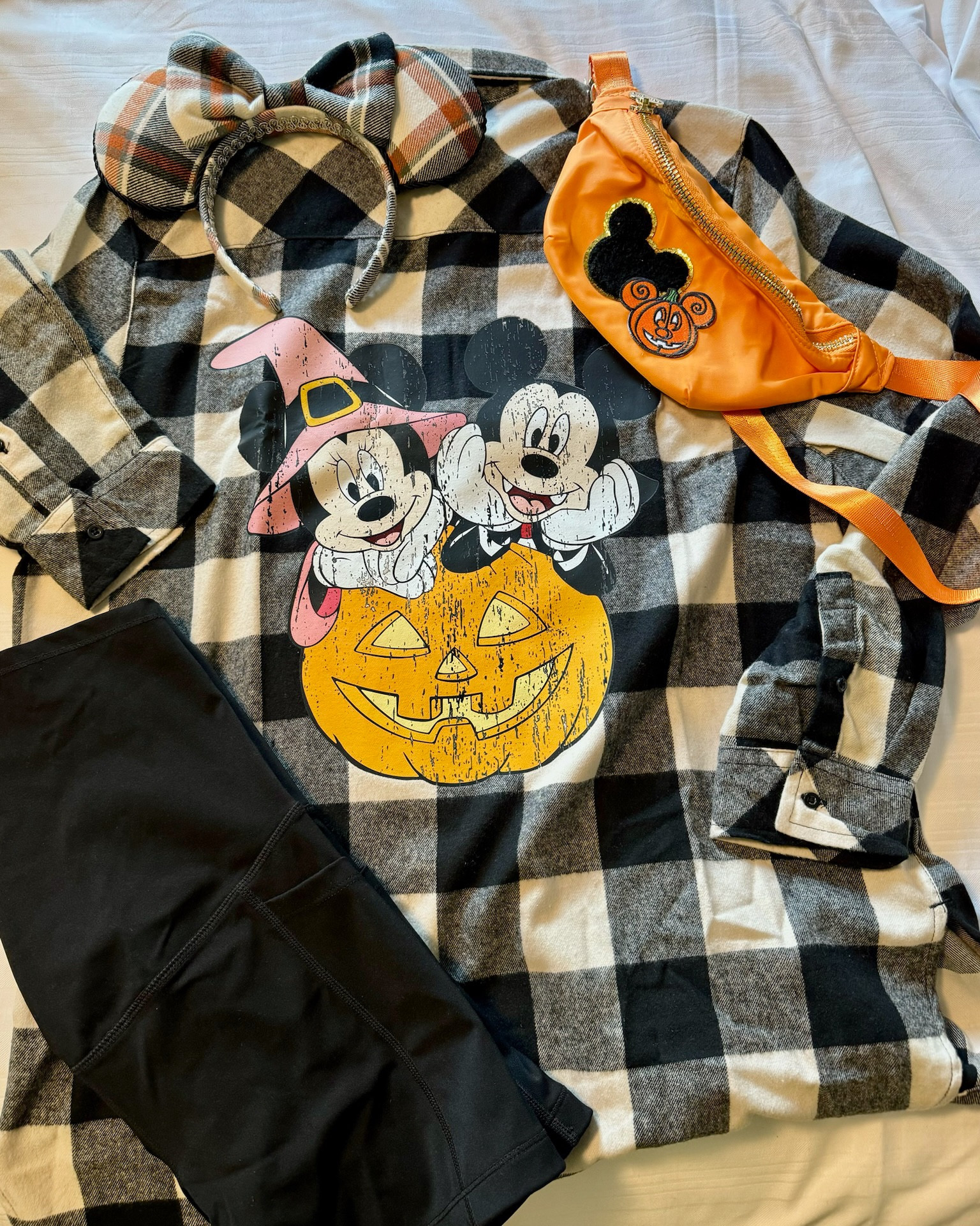 Fall / Halloween Disney outfit - Etsy flannel and plaid ears, Amazon bag with iron on patches & small maternity biker shorts. 

#LTKStyleTip #LTKBump #LTKSeasonal