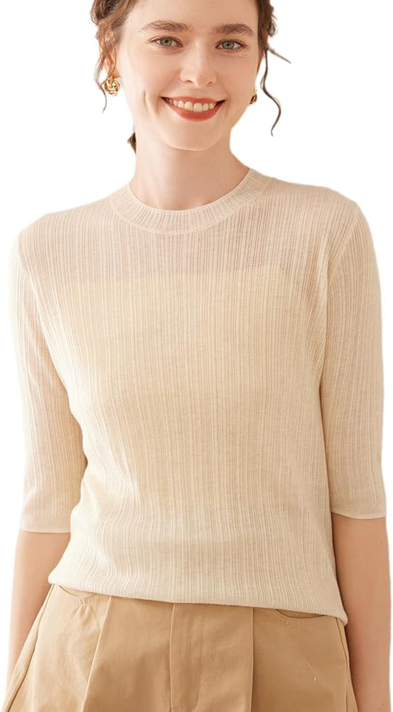 Womens Cashmere Silk Blend Crewneck Ribbed Sweater Half Sleeve Slim Fitted T-Shirt Knitted Pullov... | Amazon (US)