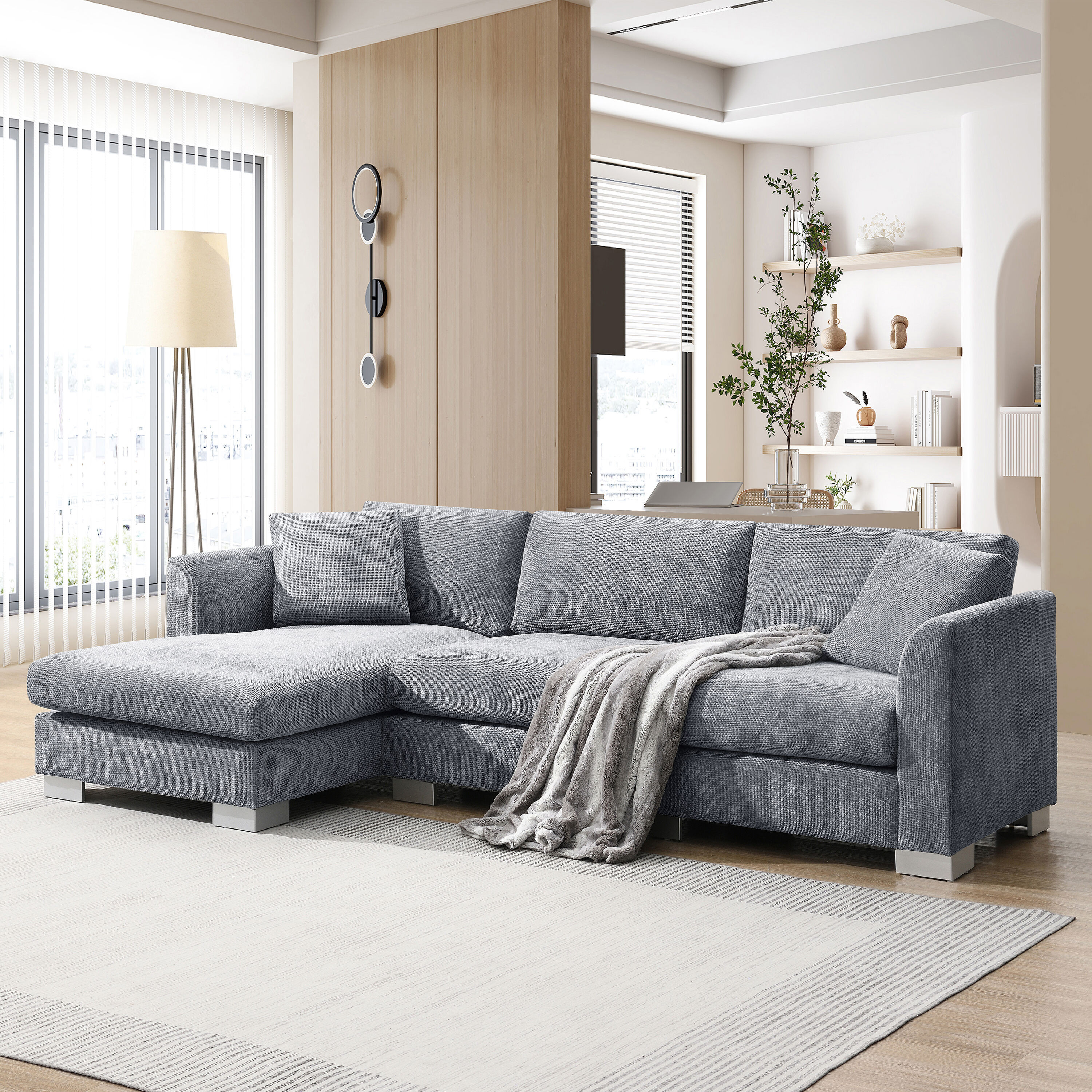 ModernLuxe 9656"" Modern Cloud Sectional Sofa 96-in W Modern Gray Chenille 4-seater Sofa | L-N723S6037E | Lowe's