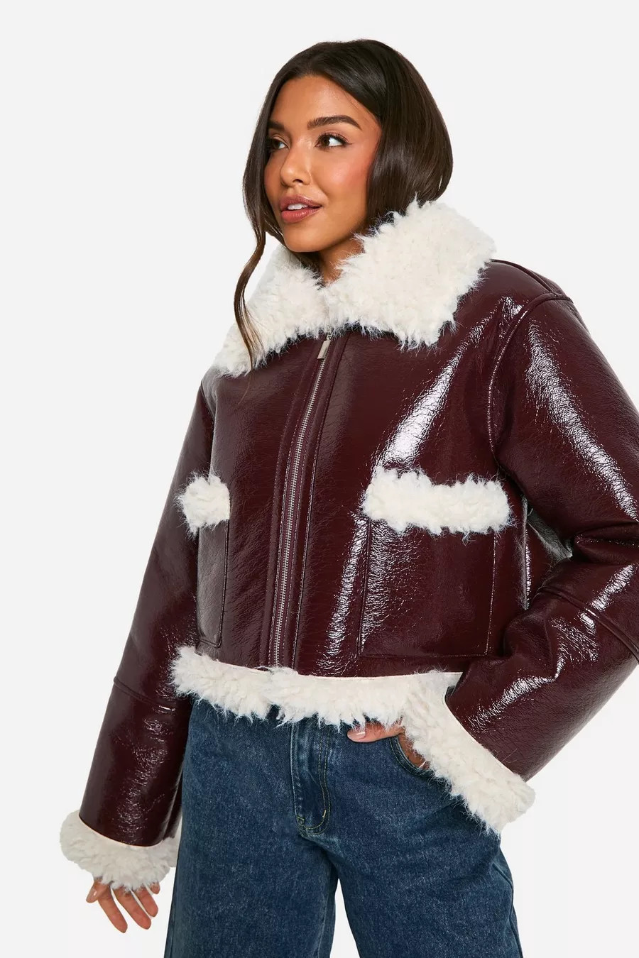 Vinyl Faux Fur Trim Jacket | boohoo (US & Canada)