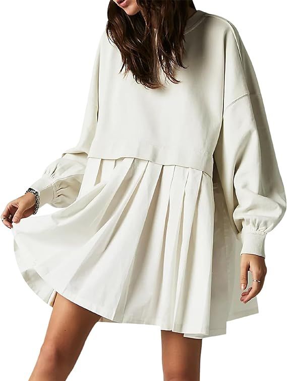 ANKICK Womens Oversized Sweatshirt Dress Casual Crewneck Long Sleeve Pullover Tops Pleated Patchw... | Amazon (US)