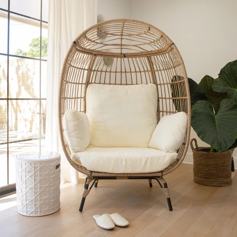 Wicker Oasis Lounger: Teardrop Egg Chair with Stand & Cushions | Wayfair North America