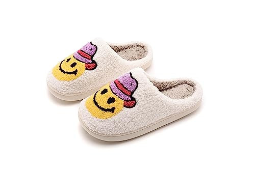 NEVEROLD Fun Cute Trendy Cartoon Illustrated Smile Face and Characters Colorful Comfort Cozy Plush Warm Fluffy Fur Slip On Cushion Slippers for Girls and Women (Cowboy-Smile, x_l) | Amazon (US)
