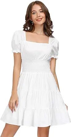 KANCY KOLE Women's Smocked Waist Dress Square Neck Short Bubble Sleeve Ruffle Mini Dress S-XXL | Amazon (US)