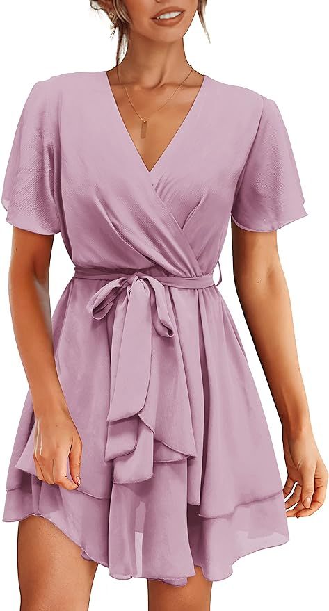 Amkoyam Women's 2024 Summer Short Sleeve V Neck Dresses Elegant Solid Tie Waist Swing Ruffle Faux... | Amazon (US)