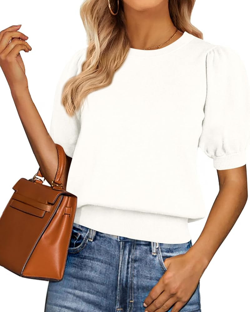 PRETTYGARDEN Womens Tops Spring 2025 Summer Puff Short Sleeve Sweater Crewneck Knit Work Blouses ... | Amazon (US)