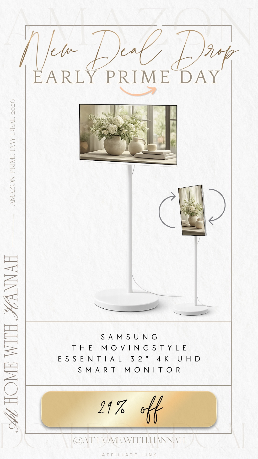 Samsung smart monitor deal • Prime Day electronics deal • portable TV monitor

This Samsung Movingstyle Smart Monitor is 29% off for an early Prime Day deal, and this is one of those finds I’d grab before the price changes 🤍

It’s such a good Amazon tech find if you’ve been wanting a screen that feels more flexible than a regular TV setup. The clean white stand, 32” 4K display, and rotating screen make it easy to use in different spaces without it looking bulky or out of place.

If you’re shopping for: Samsung smart monitor deal, Prime Day electronics deal, portable TV monitor, 32 inch smart monitor, 4K smart monitor, Samsung Movingstyle monitor, Amazon tech deals, home office monitor, bedroom TV alternative, kitchen TV, workout room screen.

I love finds like this because it solves that “I want a screen here, but I don’t want to mount a whole TV” problem. Use it in a bedroom, kitchen, office, workout space, dorm, apartment, or anywhere you want a screen that still looks clean and minimal.

Such a good early Prime Day deal if this has been sitting on your wishlist.

Everything is linked here 🤍

#PrimeDayDeals
#SamsungMonitor
#SmartMonitor
#AmazonElectronics
#AmazonHome
#HomeFinds

#LTKSaleAlert #LTKHome