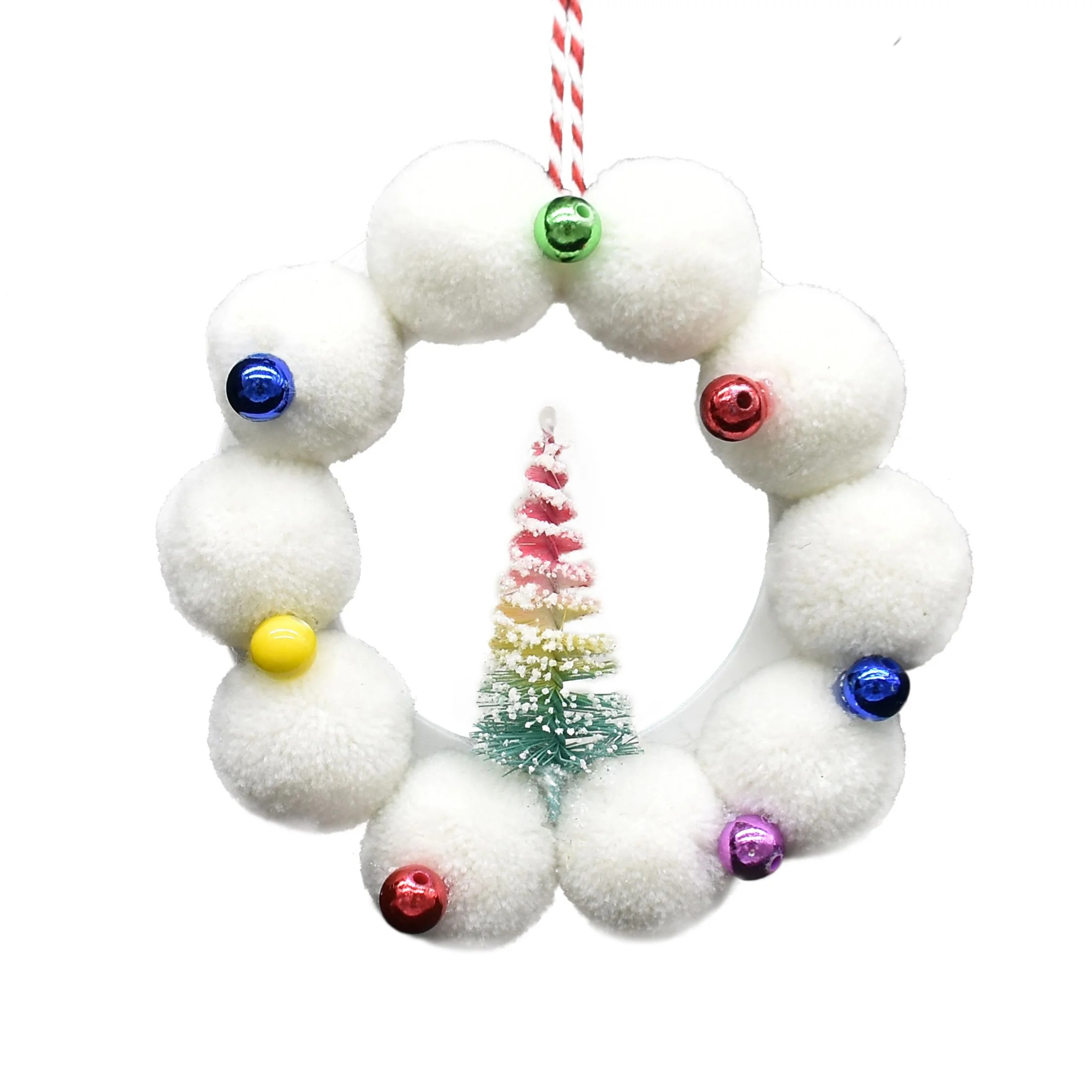Holiday Time White and Colorful Pom Pom with Christmas Tree Wreath Ornament - Walmart.com | Walmart (US)