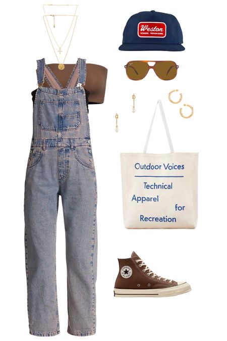 Summer outfit inspo! Perfect for a bike ride on the beach 🤎 

beach outfit l overalls l sunglasses l summer outfit l beach l bandeau top l gold jewelry