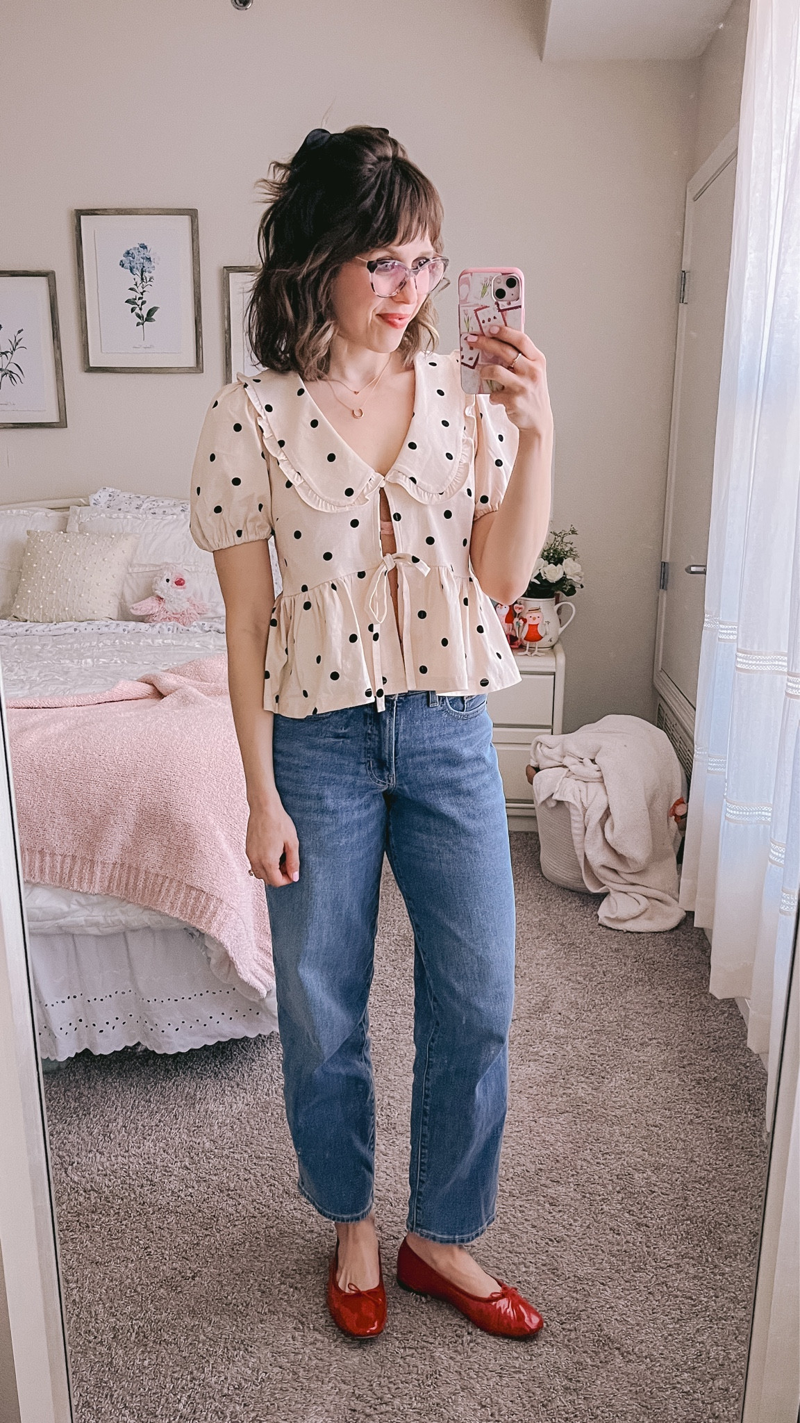 Spring outfit, spring blouse, bow blouse, polka dot blouse, ganni top, ganni top dupe, Peter Pan collar top, straight leg jeans, old navy jeans, red ballet flats

#LTKSeasonal #LTKstyletip #LTKfindsunder100